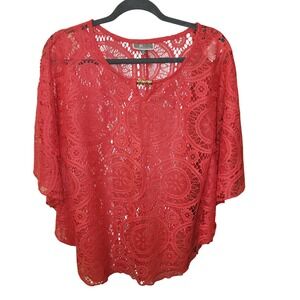 Womens Red Lace Overlay Kaftan Top Blouse Size S
